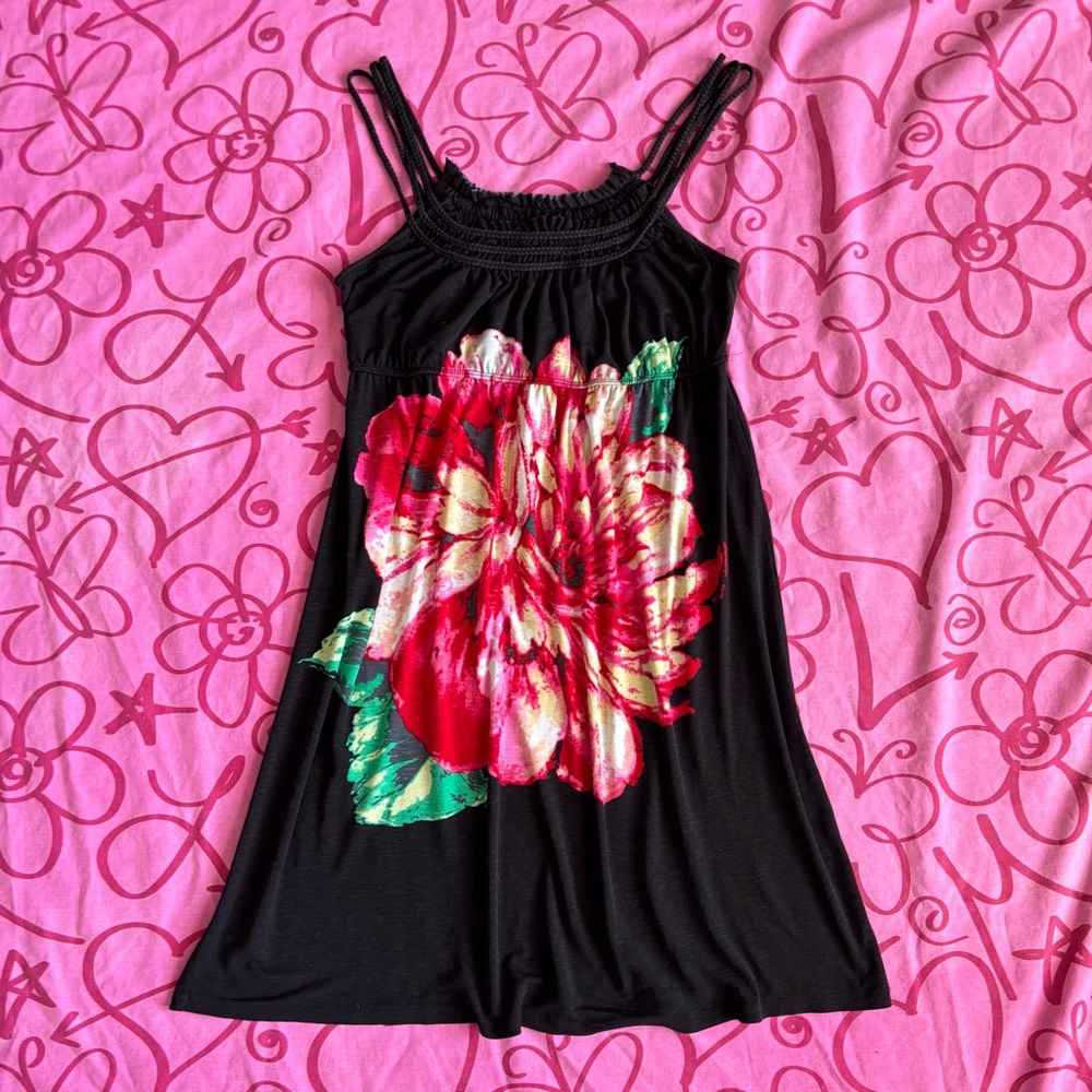 Y2K Vintage Black Dress with Red and Green Floral Design Island coconut girl